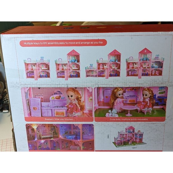 8 Rooms Huge Dollhouse with 2 Dolls and Colorful Light Doll House Gift for Girl - Picture 3 of 4